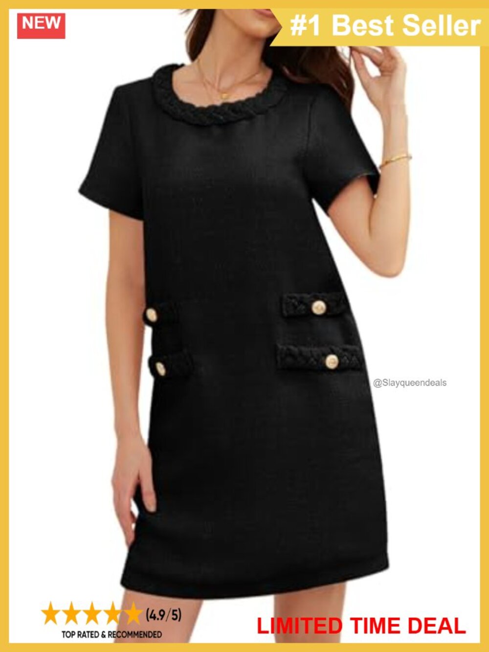 Tweed Mini Dress Short Sleeve Crew Neck A-Line Button Elegant